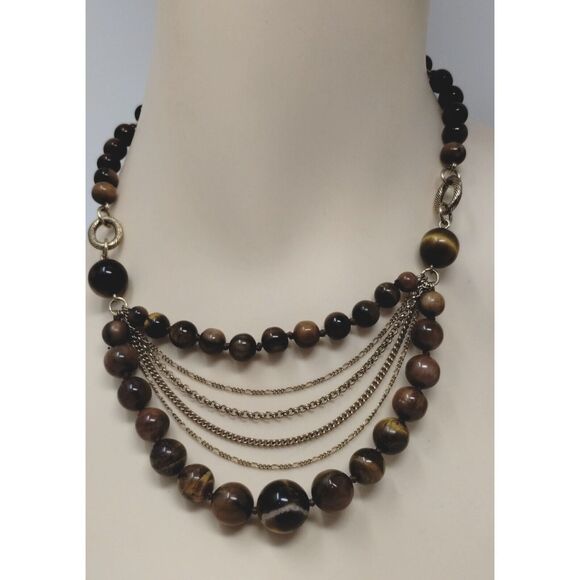 Tiger Eye Necklace Gold Tone Chains Links‎ 15" Double Stones Front 4 Chains - Picture 1 of 8